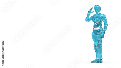 Detailed appearance of the clear blue AI robot under white background. Concept 3D CG of automatic operation, optimization and block chain. PNG file format.