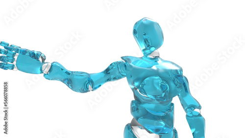 Detailed appearance of the clear blue AI robot under white background. Concept 3D CG of automatic operation, optimization and block chain. PNG file format.