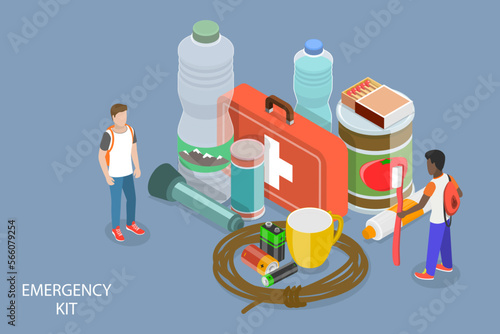 3D Isometric Flat Vector Conceptual Illustration of Emergency Kit, Disaster-preventive Items Set