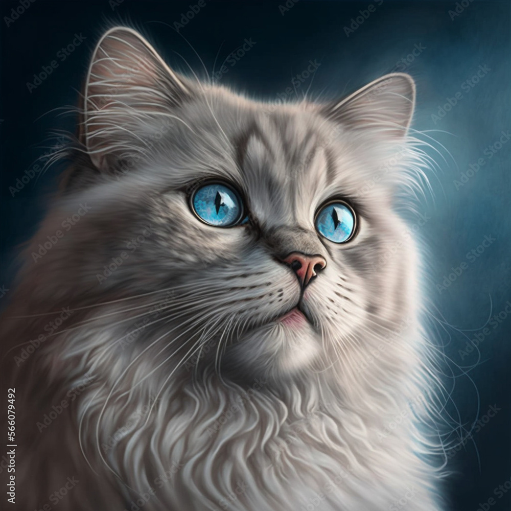 A cat, with blue eyes on a blue background, front view, Generative IA