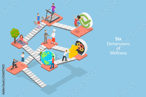 3D Isometric Flat Vector Conceptual Illustration of Personal Health Habits, Six Dimensions Of Wellness