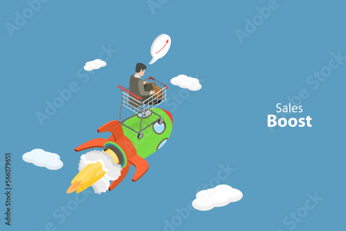 3D Isometric Flat Vector Conceptual Illustration of Sales Boost, Startup Lunch or Profit Increasing