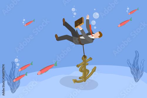 3D Isometric Flat Vector Conceptual Illustration of Business Fail , Unexpected Entrepreneur Bankruptcy
