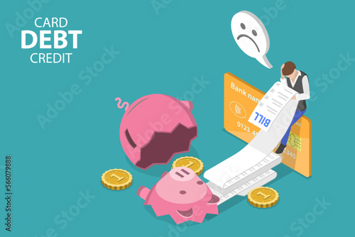 3D Isometric Flat Vector Conceptual Illustration of Credit Card Debt, Business Crisis or Bankruptcy
