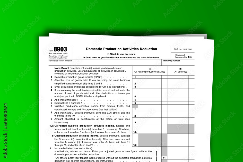 Fototapeta premium Form 8903 documentation published IRS USA 43678. American tax document on colored
