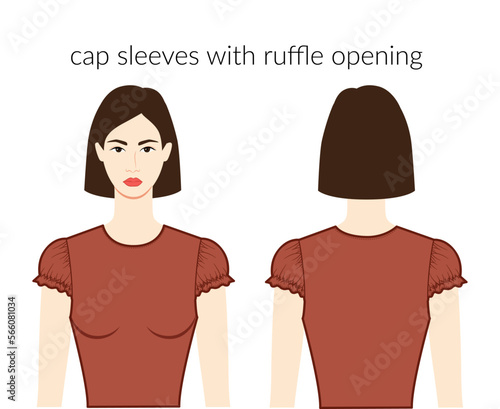 Cap sleeves clothes - short character beautiful lady in brown top, shirt, dress technical fashion illustration with fitted body. Flat apparel template front, back sides. Women, men unisex CAD mockup
