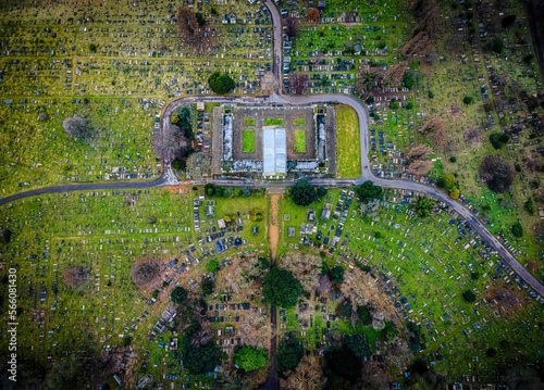 Aerial view of St Mary's Catholic Cemetery, located on Harrow Road, Kensal Green in North West London, UK photo