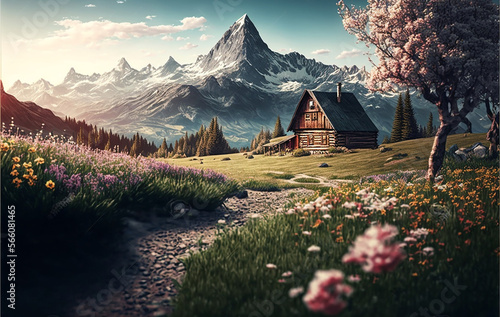 Idyllic mountain landscape in the Alps with blooming