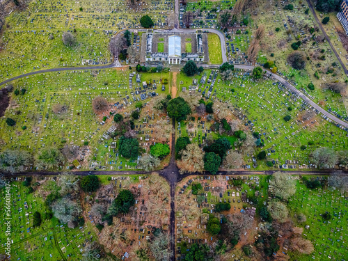 Aerial view of St Mary's Catholic Cemetery, located on Harrow Road, Kensal Green in North West London, UK photo