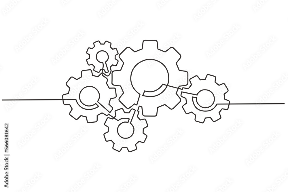 Continuous line drawing of machine gears. the concept of gears on a single-line style machine. Machine gear technology concept in single line doodle style. - obrazy, fototapety, plakaty 