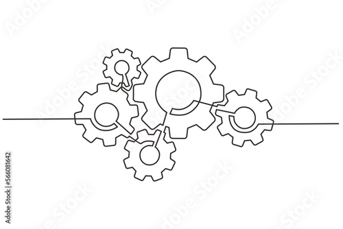 Continuous line drawing of machine gears. the concept of gears on a single-line style machine. Machine gear technology concept in single line doodle style.