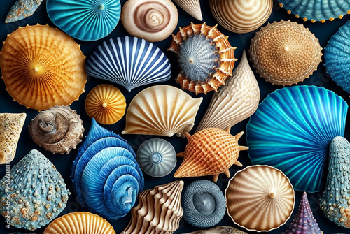 Pattern of various sea shells. Generative AI