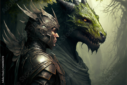 dragon in the night and worrier  in armor illustration AI