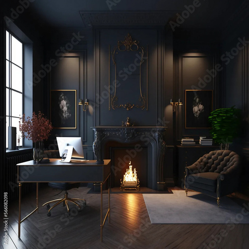 Minimalist modern office with dark hues and low lighting, with a fireplace.