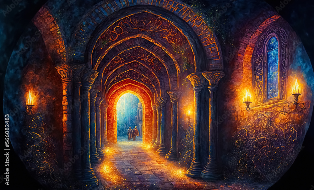 Long medieval castle corridor with torches. Fantasy background