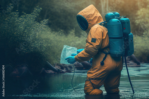 Created with Generative AI technology. water quality toxicity study. a man in a protective suit takes water samples after a man-made disaster photo