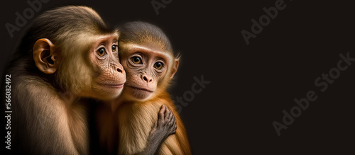 Portrait of a baby macaque with its mother. Sweet macaque family portrait. Wild beauty of a human-like monkey with copy space. generative ai © Viks_jin