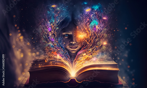 Young sorceress with open magic book casting spells. Fantasy background. digital art, generative ai