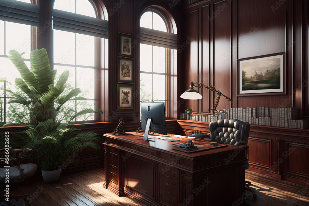 Interior Design a perspective of a lawyer office. Classic design. Wooden  walls. Leather chair. Wooden desk. Generative AI. Stock Illustration |  Adobe Stock