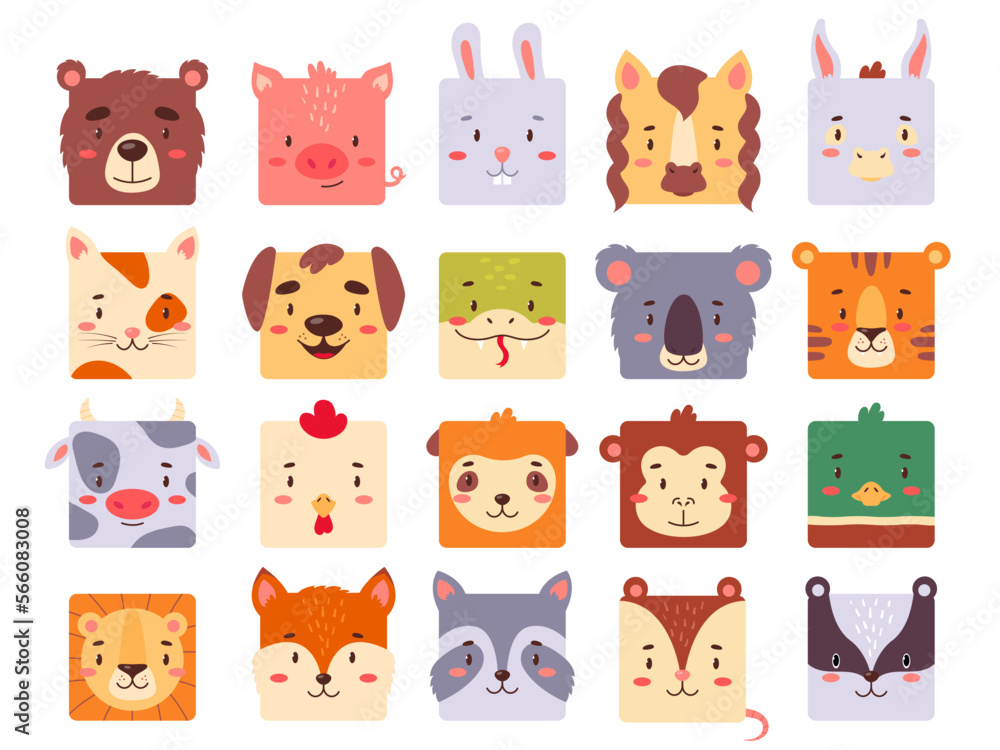 Square animal faces set for UI or mobile application. Cute kawaii avatars collection for kids game, simple head icons in bright color, flat vector illustration isolated on white background. Square animal faces set for UI or mobile application. Cute kawaii avatars collection for kids game, simple head icons in bright color, flat vector illustration isolated on white background.