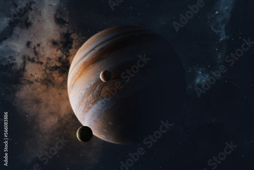 Jupiter is the largest planet in the solar system. Showing great red spot, Jovian moons Io and Europa