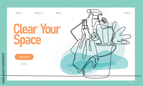 Home cleaning service landing page design concept, illustration of janitors with cleaning tools. Vector illustration