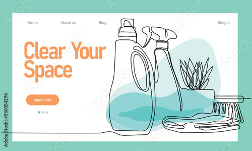 Home cleaning service landing page design concept, illustration of janitors with cleaning tools. Vector illustration