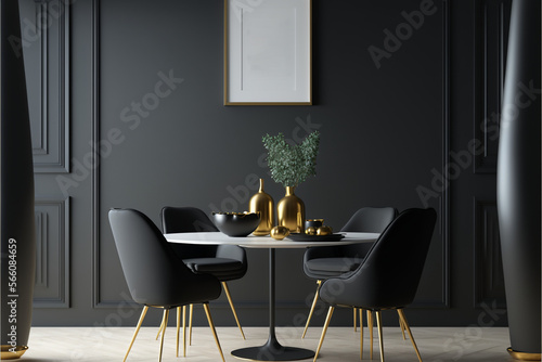 Beautiful mockup frame on the cabinet in a living room interior on empty dark wall background