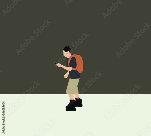Man with backpack in roller skates holding smartphone skating through the city streets. Promotion, discounts, sale and online orders concept