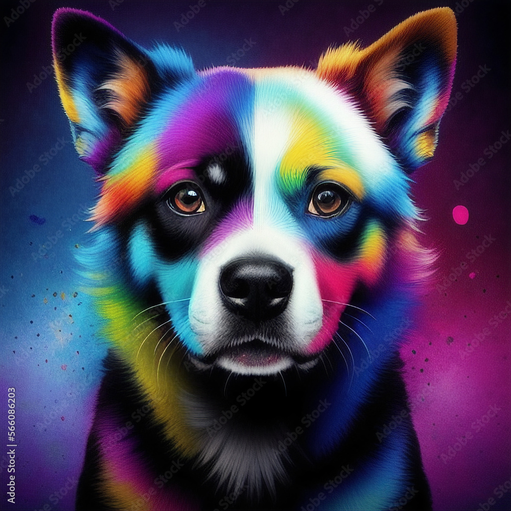 a colorful dog with a black background and a splash of paint on back side, great print for fabric and t-shorts, digital art, ai generated 