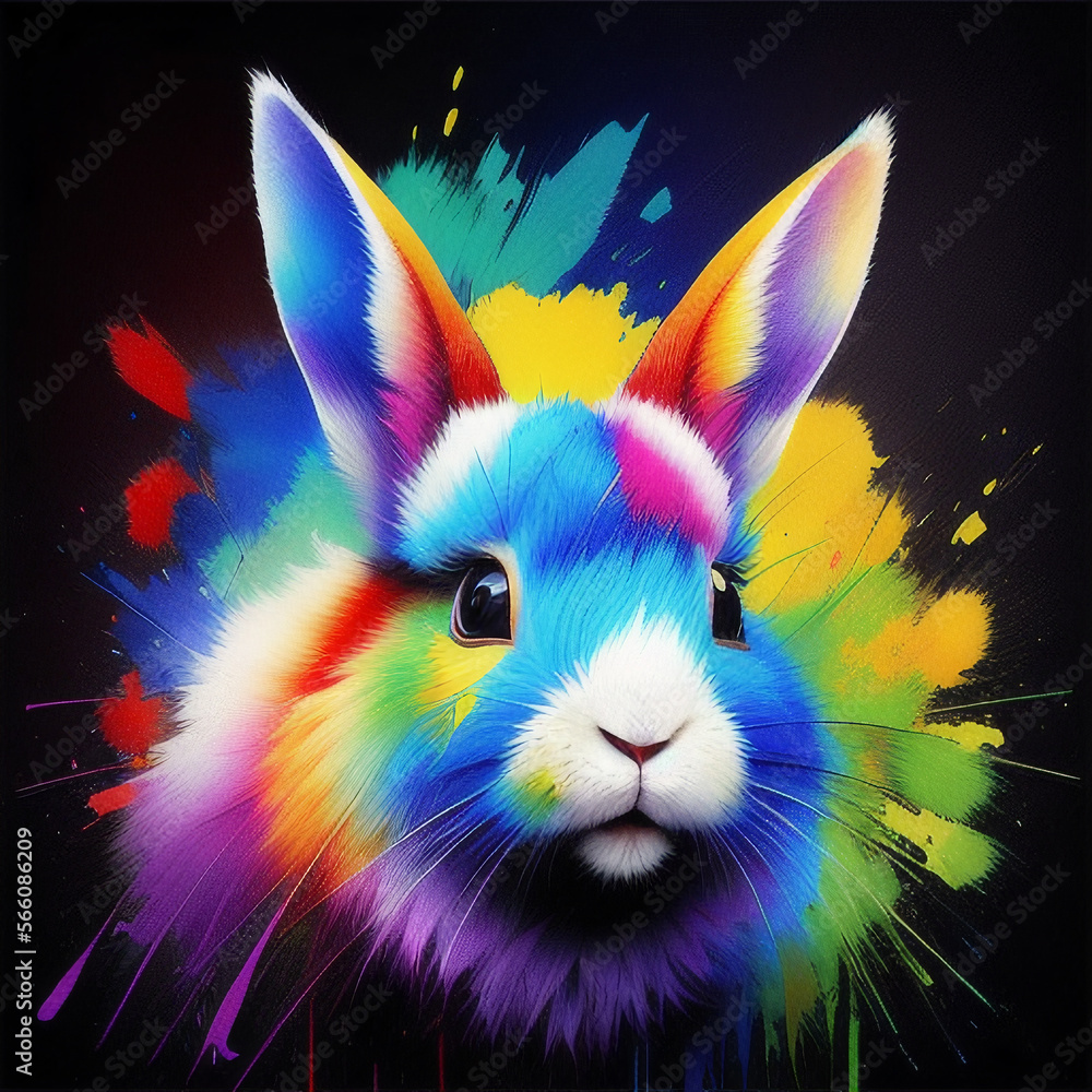 a colorful rabbit with a black background and a splash of paint on back side, great print for fabric and t-shorts, digital art, ai generated 