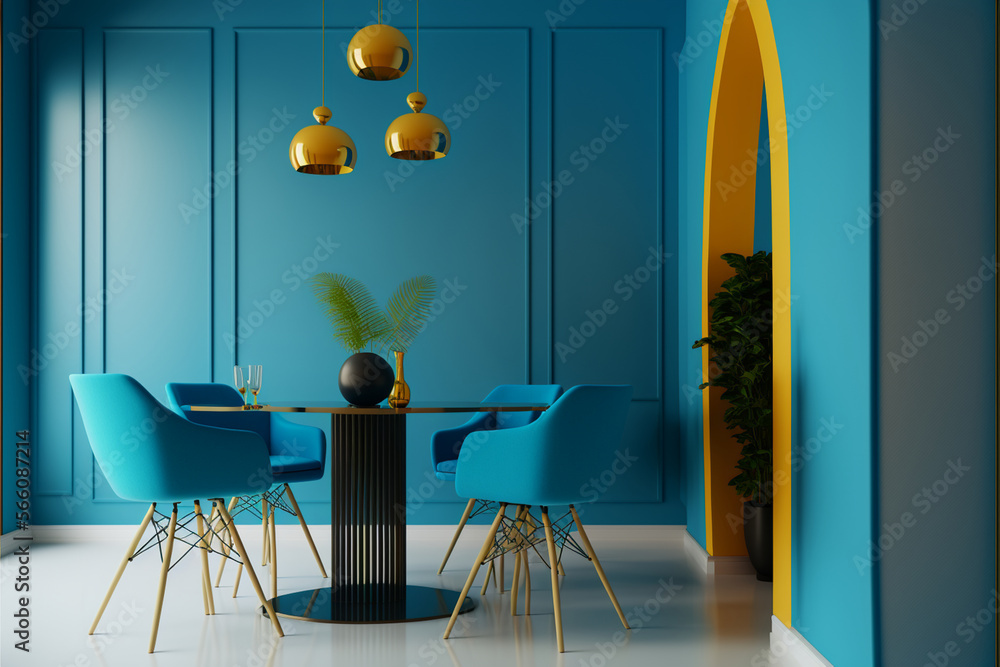 Premium modern dining room interior design with blue wall, Generative