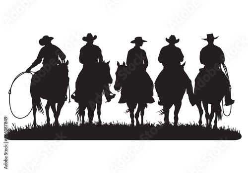 Print op canvas A vector silhouette 5 cowboys riding horses