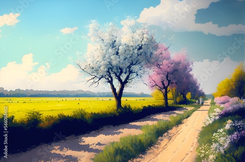 Spring landscape of a rural path with cherry trees and bushes full of flowers