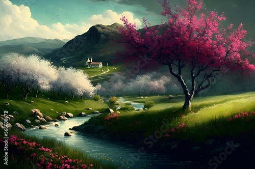 Spring landscape of a cherry tree near a river with a church and mountains in the background © GraphicGuru