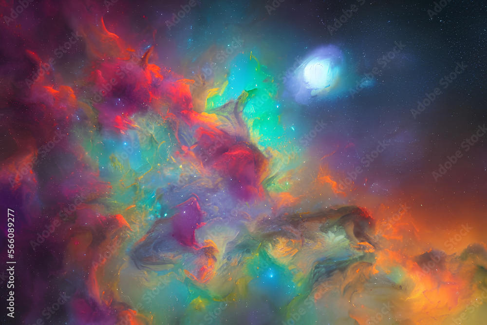 multicolored nebula with planet in the background, generated by AI