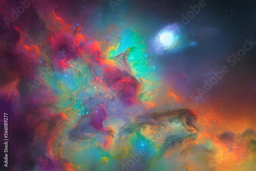 multicolored nebula with planet in the background, generated by AI