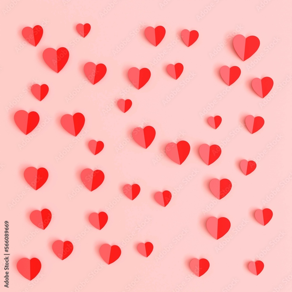 folded paper hearts scattered on pink background