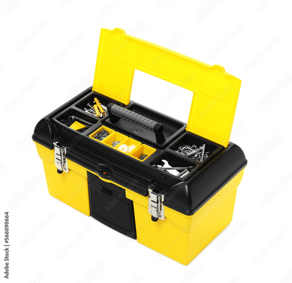 Plastic box with tools isolated on white Plastic box with tools isolated on white