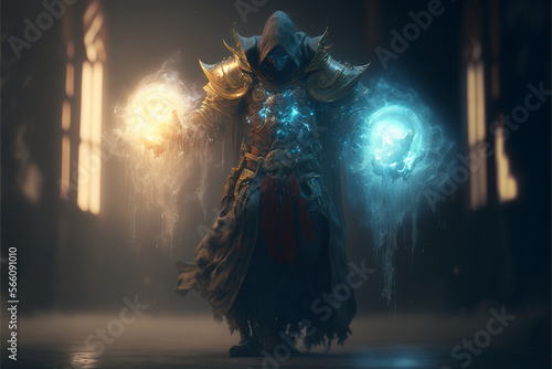 RPG character mage mist arcanist blue and yellow energy sphere