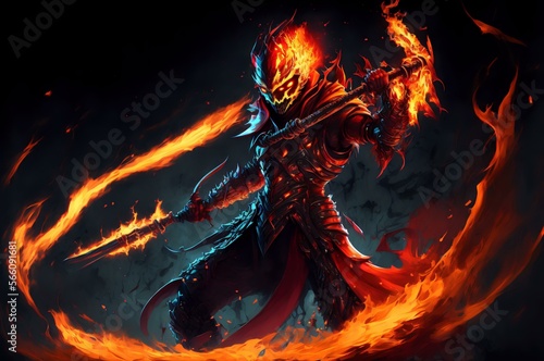 ‘Flameblade Ember’ - This figure depicts Ember Spirit wielding a sword made of fiery energy. The figure is a dynamic, action-pose with flames engulfing the sword and Ember's body (AI Generated) © zhOngphO