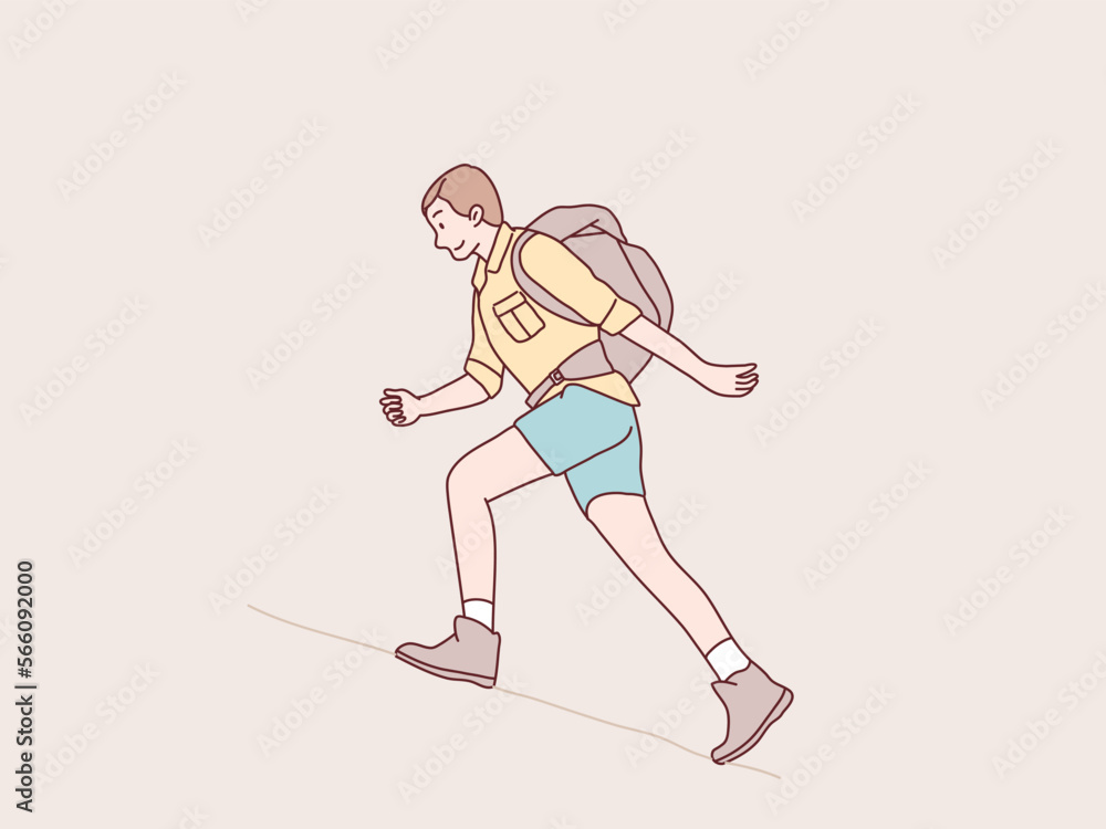 Adventurous man sky running in mountains with backpack Hiking simple korean style illustration