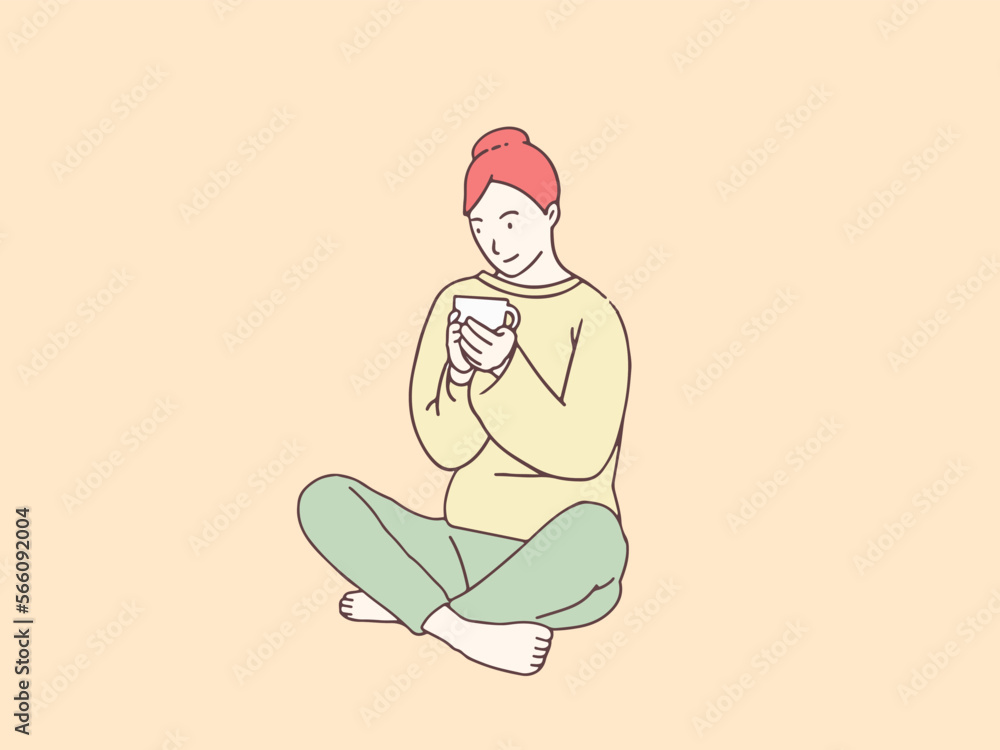 Cross legged woman relaxing with a cup of tea simple korean style illustration Cross legged woman relaxing with a cup of tea simple korean style illustration