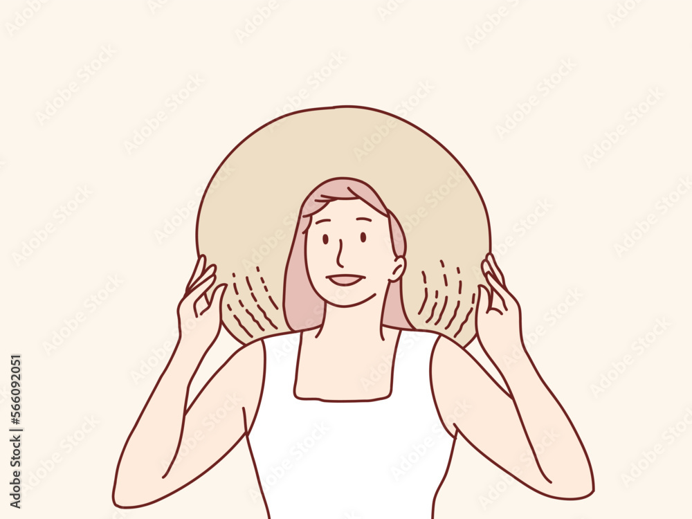 Woman on summer vacation wearing straw hat and beach dress simple korean style illustration Woman on summer vacation wearing straw hat and beach dress simple korean style illustration