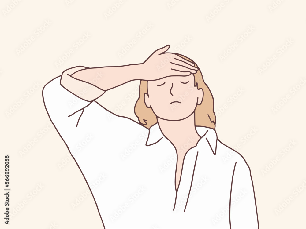 Woman touching her feverish hot forehead simple korean style illustration Woman touching her feverish hot forehead simple korean style illustration