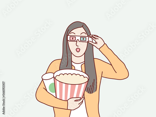 Exited woman in 3d glasses watch movie film, hold bucket of popcorn cup simple korean style illustration