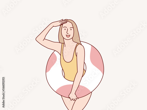Happy fun wear swimsuit hold polkadot inflatable ring simple korean style illustration