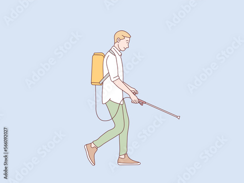 Man walking and spraying a sanitizer disinfectant simple korean style illustration