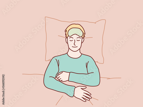 Top above angle young man sleep with blindfold simple korean style illustration