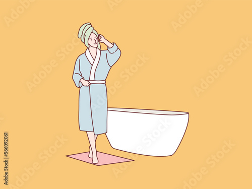 woman wearing a white robe spend time in the bathroom simple korean style illustration